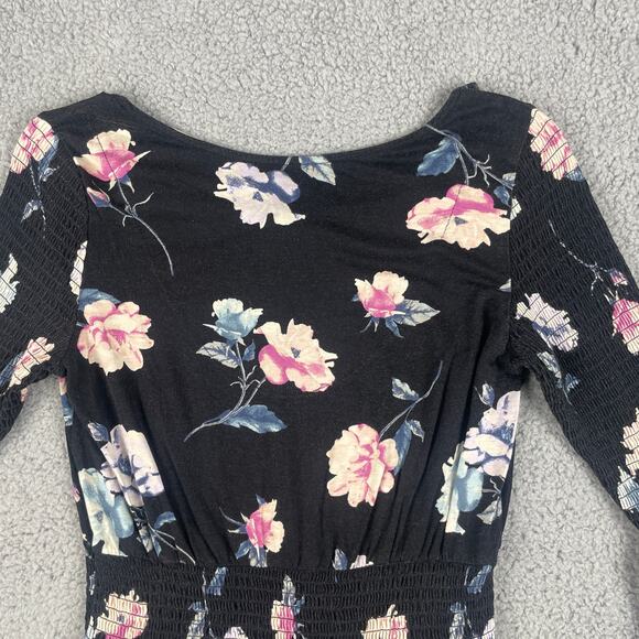 American Rag Women's Small Black Flower Rayon Spandex Long Sleeve Blouse - Picture 9 of 12